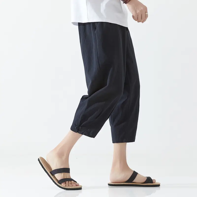Men's Retro Chinese Capri Pants Blue Solid Color - Image 5