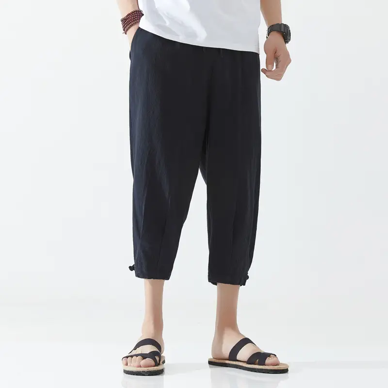 Men's Retro Chinese Capri Pants Blue Solid Color - Image 6