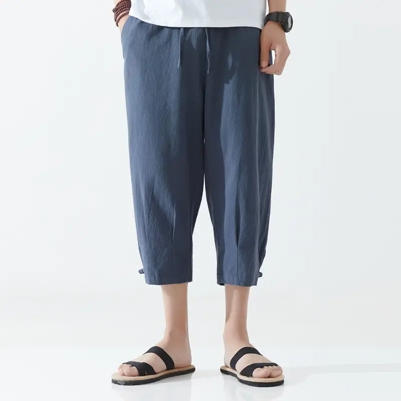 Men's Retro Chinese Capri Pants Blue Solid Color - Image 7