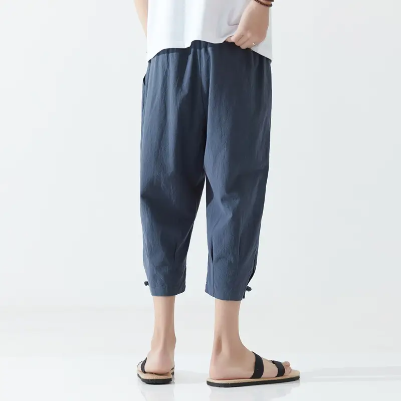 Men's Retro Chinese Capri Pants Blue Solid Color - Image 8