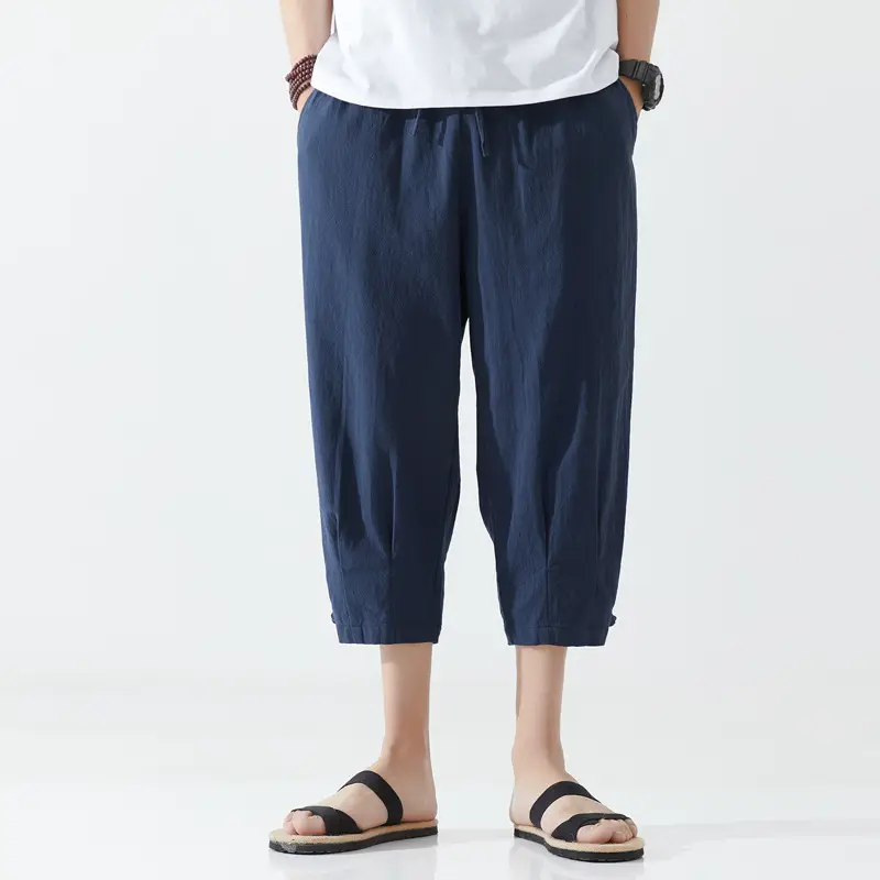 Men's Retro Chinese Capri Pants Blue Solid Color - Image 3