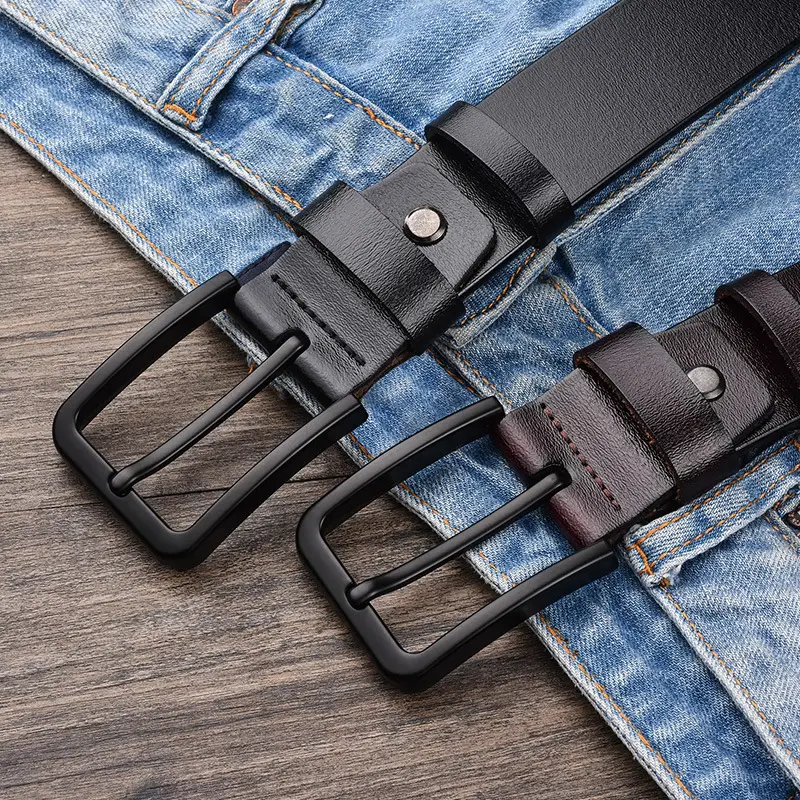 Men's Genuine Leather Belt Pin Buckle Black - Image 7