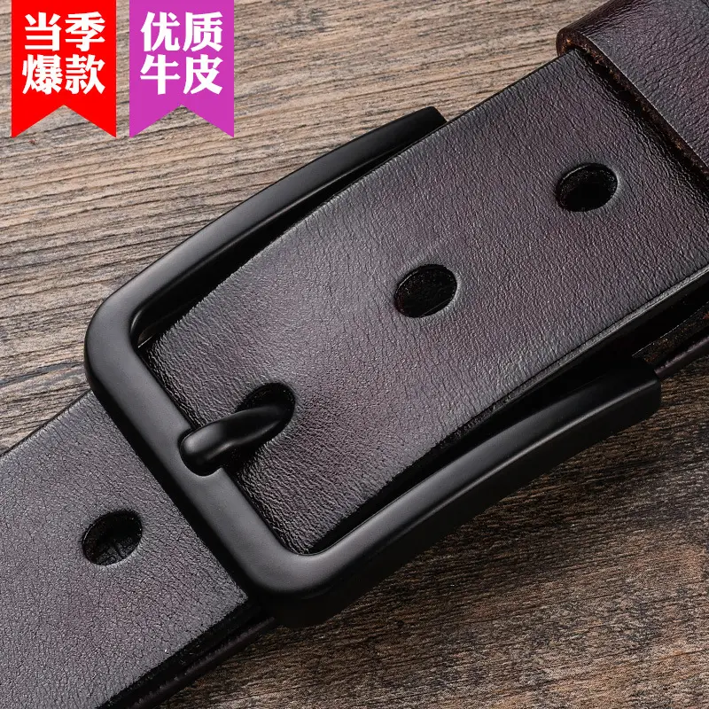 Men's Genuine Leather Belt Pin Buckle Black - Image 8