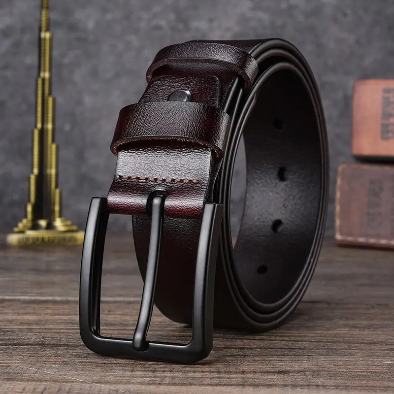 Men's Genuine Leather Belt Pin Buckle Black - Image 2