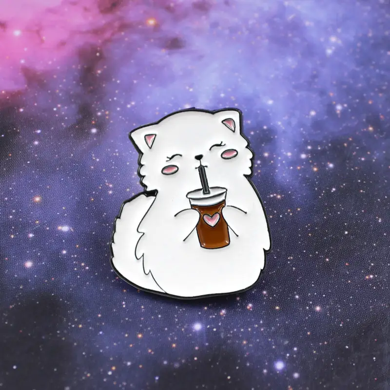Cartoon Cute White Fat Cat Drinking Tea Dripping Brooch - Image 3