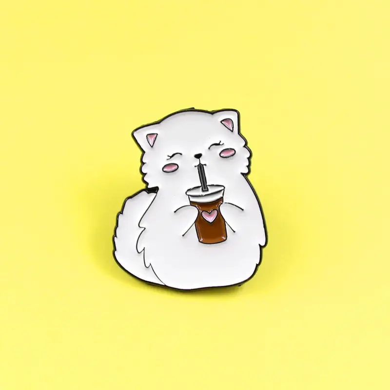 Cartoon Cute White Fat Cat Drinking Tea Dripping Brooch - Image 4