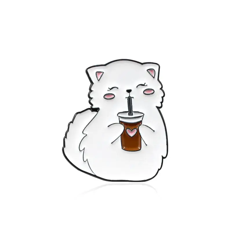 Cartoon Cute White Fat Cat Drinking Tea Dripping Brooch - Image 6