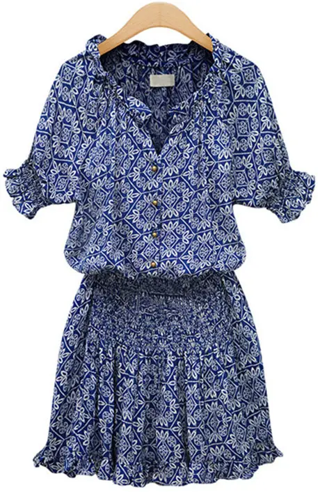 Women's Blue Printed V-Neck Chiffon Dress - Image 2