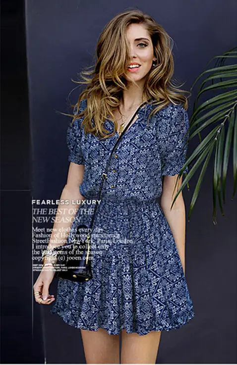 Women's Blue Printed V-Neck Chiffon Dress - Image 3