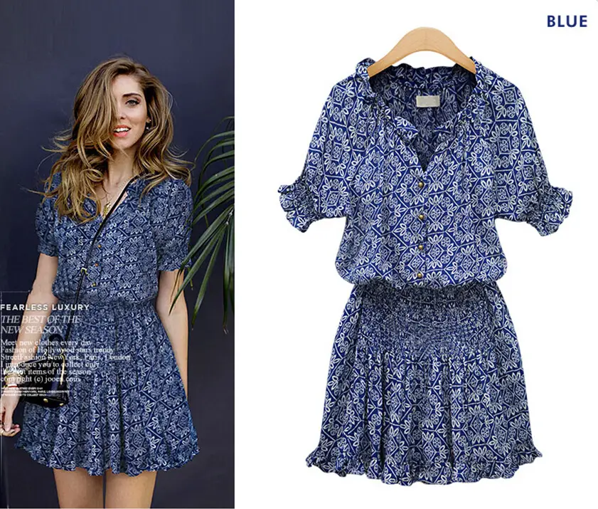 Women's Blue Printed V-Neck Chiffon Dress — feature 2