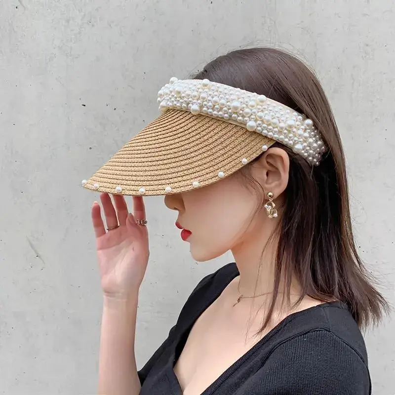 Women's Straw Pearl Beach Hat Summer Sun Protection - Image 2