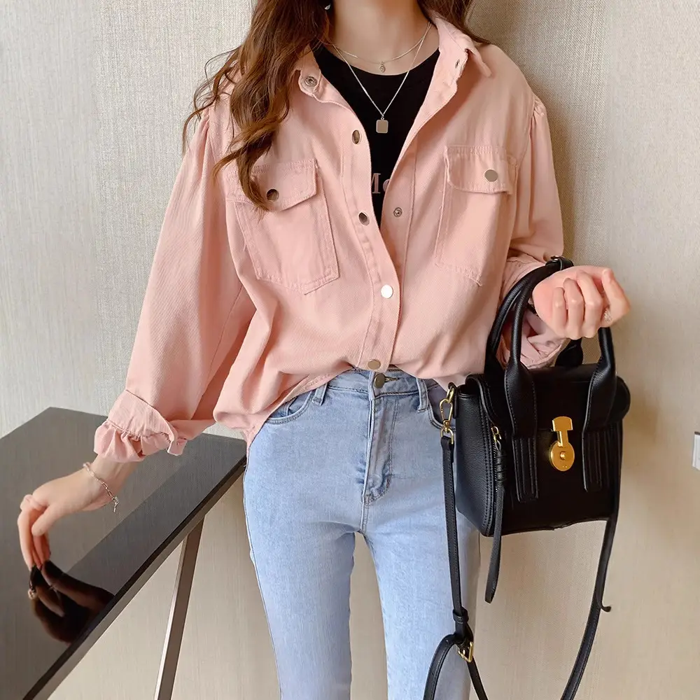 Women's Pink Button Down Shirt Top with Long Sleeve Base - Image 3
