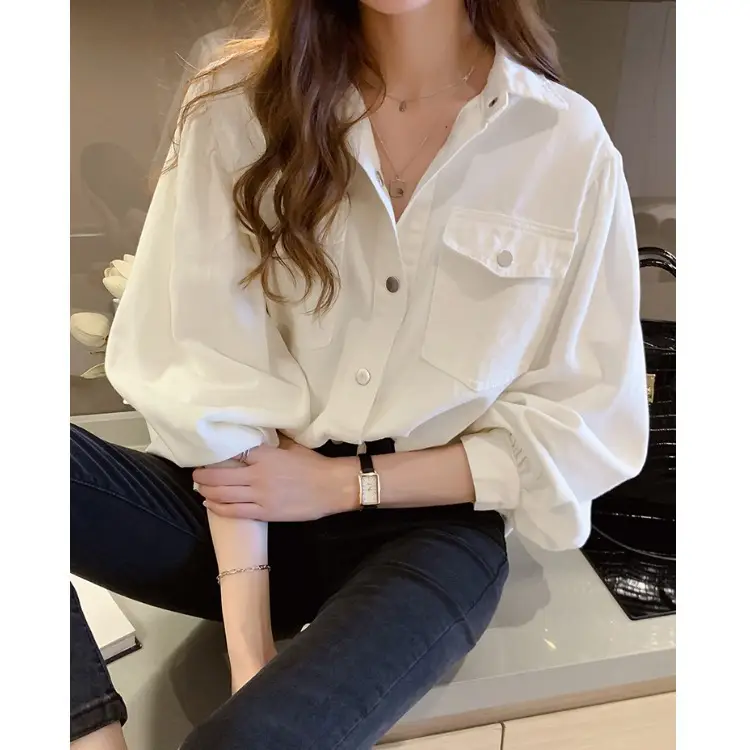 Women's Pink Button Down Shirt Top with Long Sleeve Base - Image 4