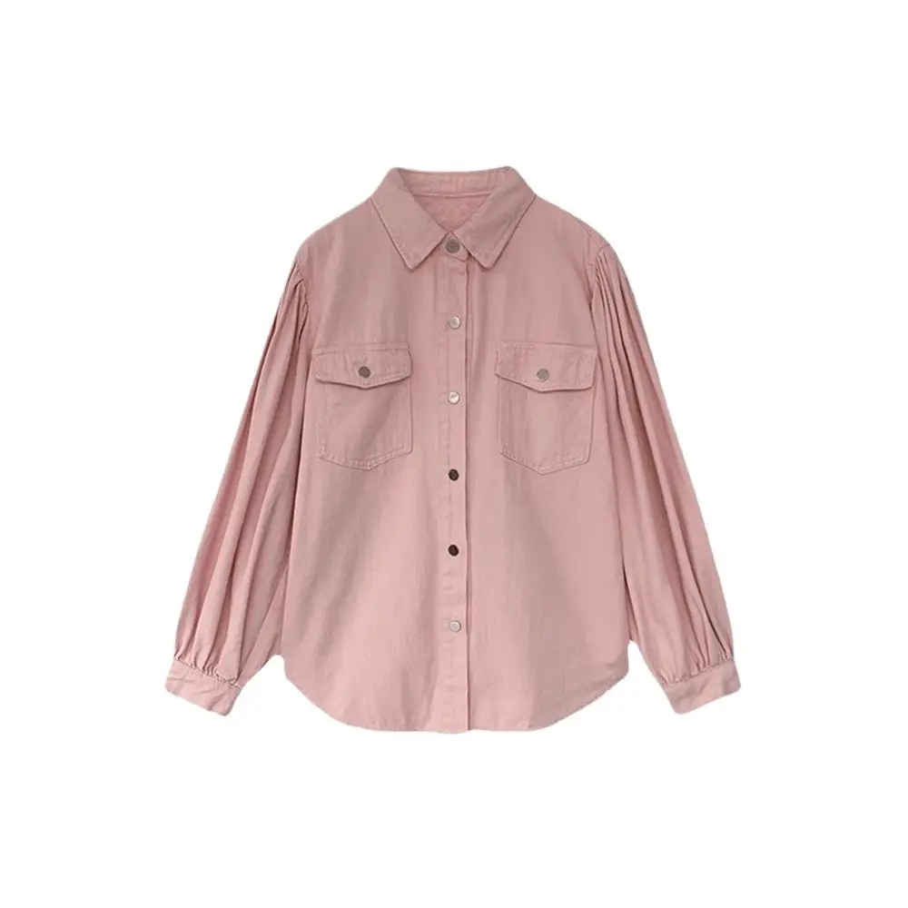 Women's Pink Button Down Shirt Top with Long Sleeve Base - Image 5