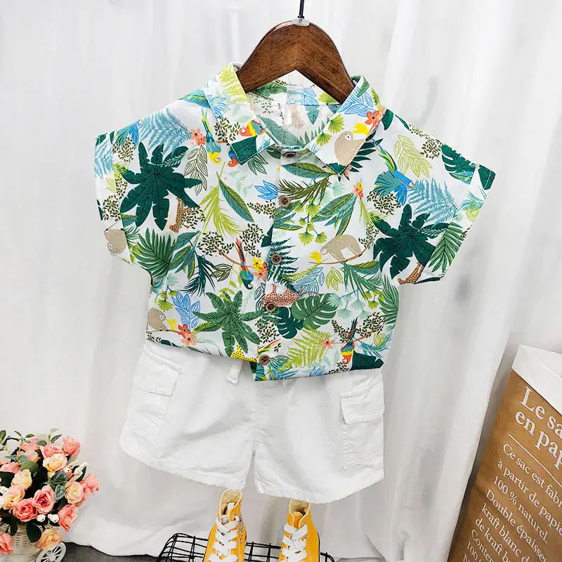 Kids Korean Style Floral Short Sleeve Shirt White Shorts Set - Image 6