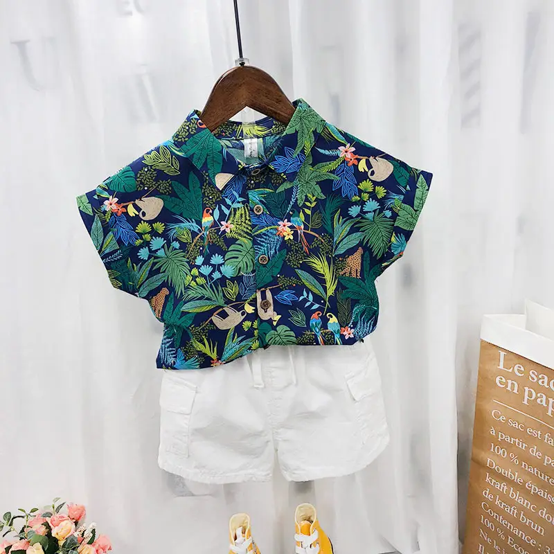 Kids Korean Style Floral Short Sleeve Shirt White Shorts Set - Image 3