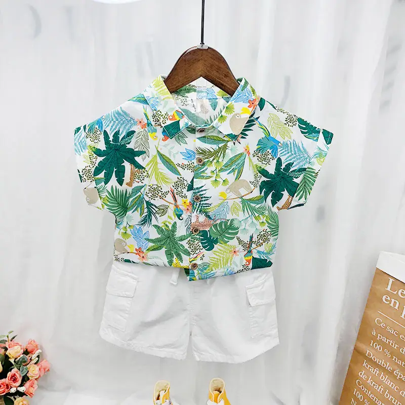 Kids Korean Style Floral Short Sleeve Shirt White Shorts Set - Image 4