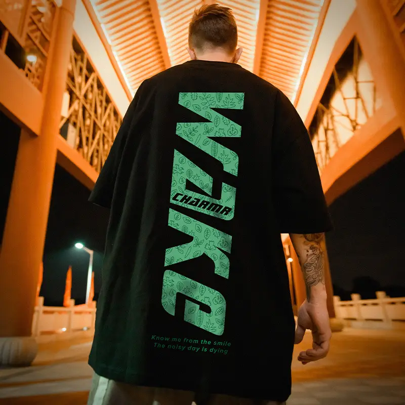 Men Green Printed T-Shirt Large Loose Oversize - Image 7