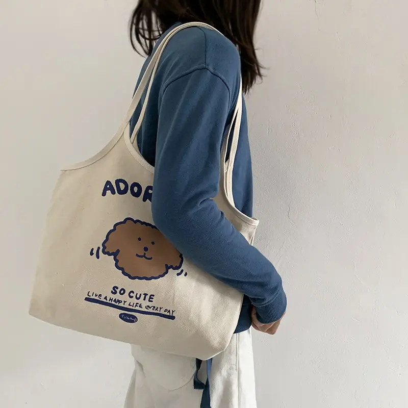 2025 Cartoon Canvas Bag Women Beige One Shoulder - Image 4