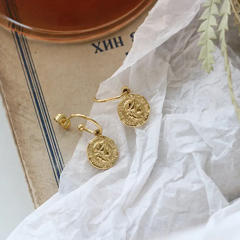 Gold Cast Three-Dimensional Coin Ear Rings for Women