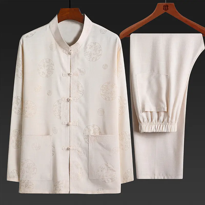 Men Linen Tang Suit Cream Grandpa Elderly - Image 12