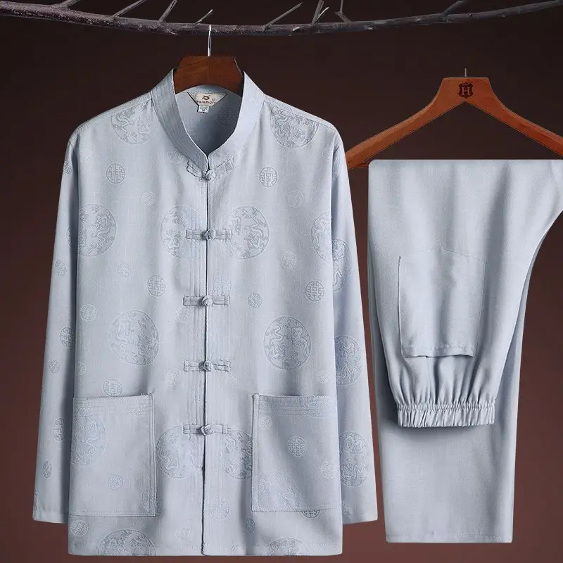 Men Linen Tang Suit Cream Grandpa Elderly - Image 2