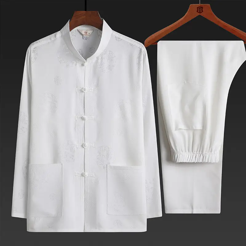 Men Linen Tang Suit Cream Grandpa Elderly - Image 3