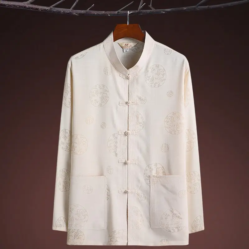 Men Linen Tang Suit Cream Grandpa Elderly - Image 4