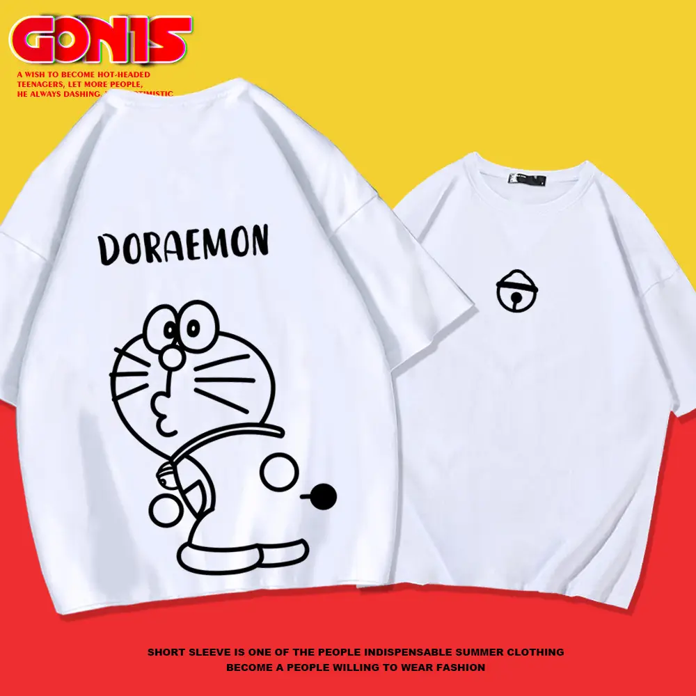 Men Women Doraemon Cotton T-Shirt Red Loose Fit