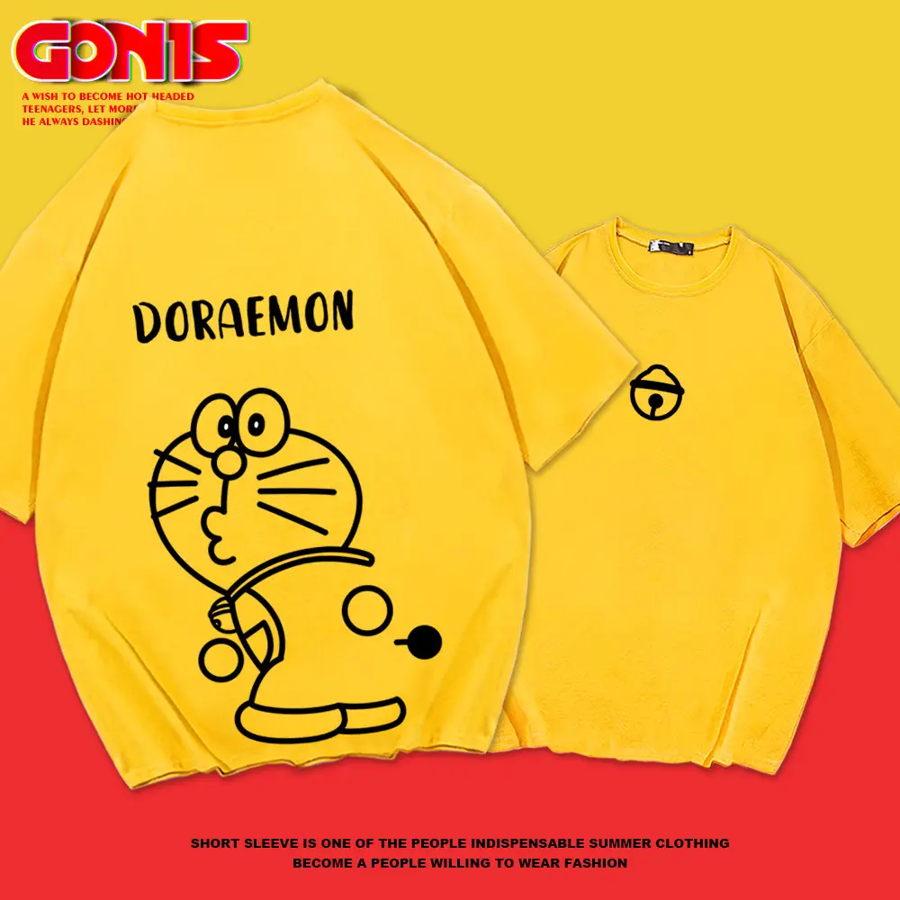 Men Women Doraemon Cotton T-Shirt Red Loose Fit