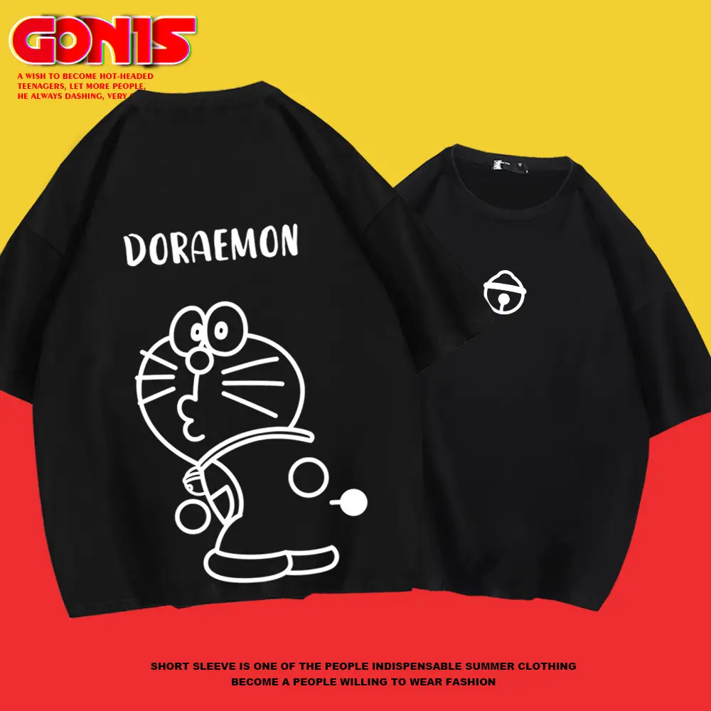 Men Women Doraemon Cotton T-Shirt Red Loose Fit