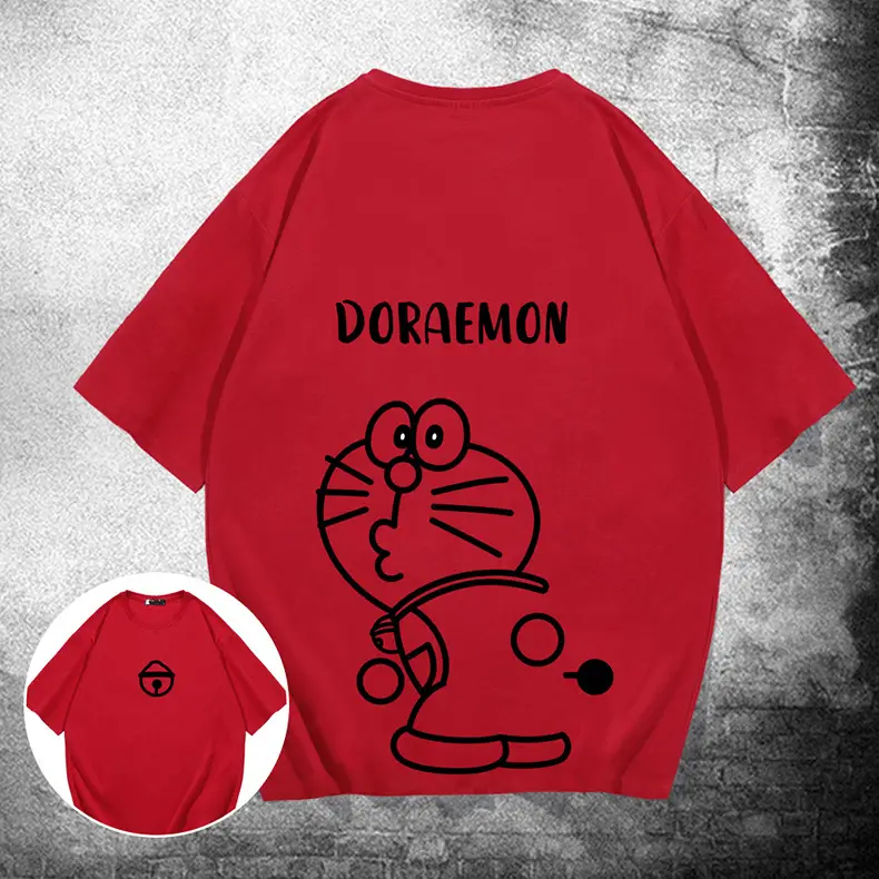 Men Women Doraemon Cotton T-Shirt Red Loose Fit