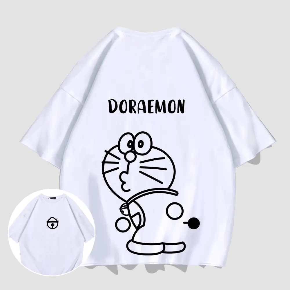 Men Women Doraemon Cotton T-Shirt Red Loose Fit
