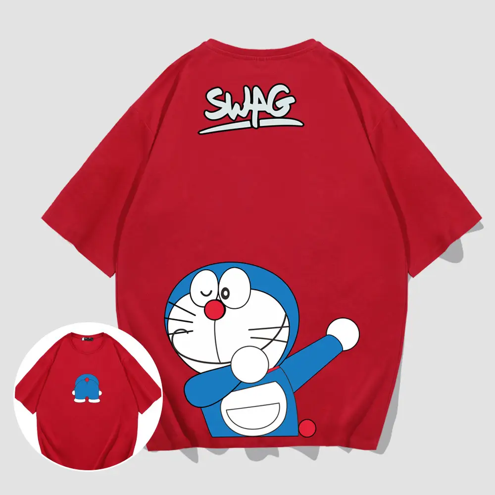 Doraemon Anime T-Shirt Red Short Sleeve Men Women - Image 4