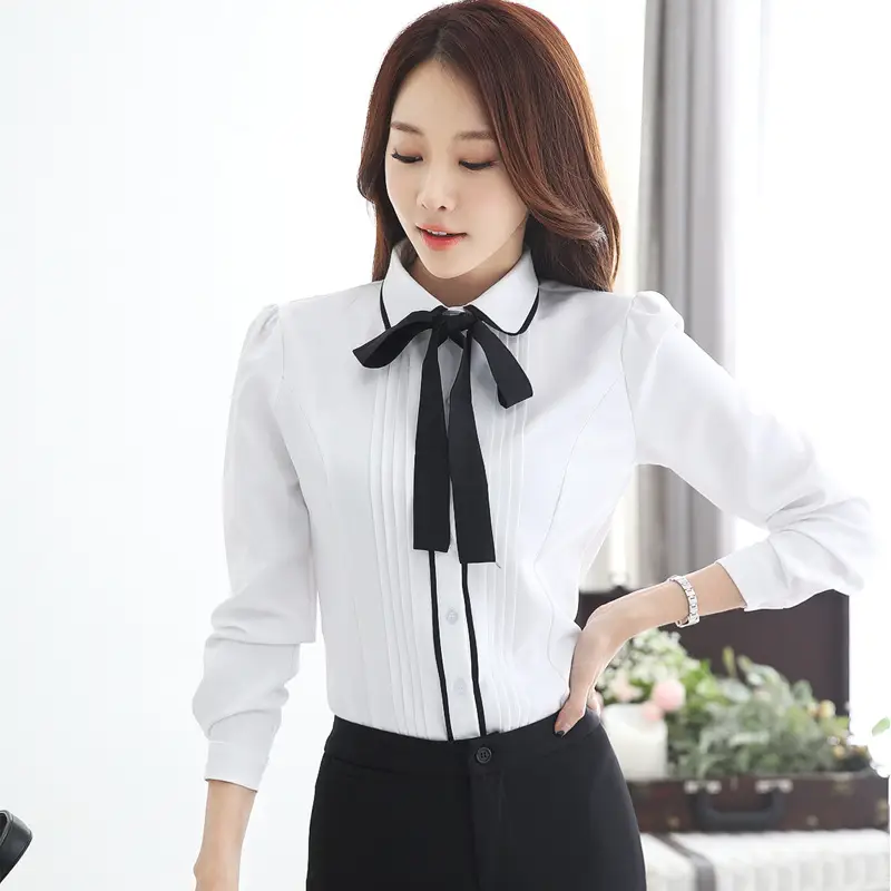 Korean Style White Long Sleeve Doll Collar Shirt for Women - Image 4