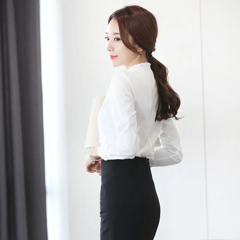 White Long-Sleeved Korean Style Chiffon Shirt for Women - Image 4