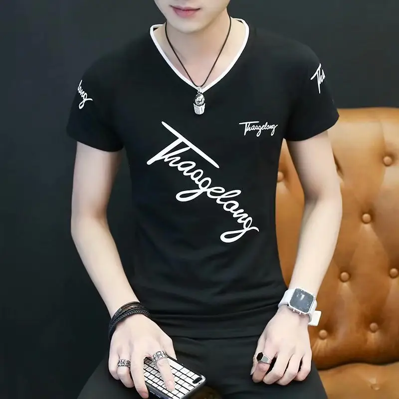 Men Black V-Neck T-Shirt Slim Fit 2020 - Image 2
