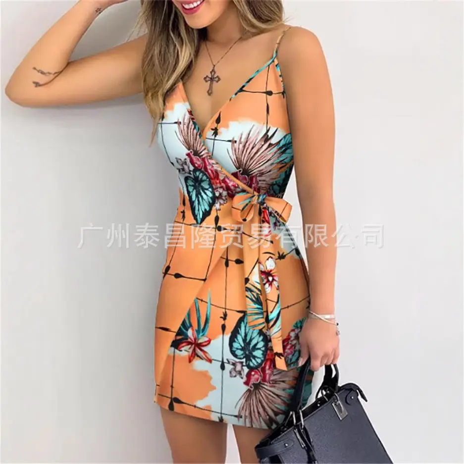 Printed V-Neck Hip Skirt Dress with Lace-Up Belt
