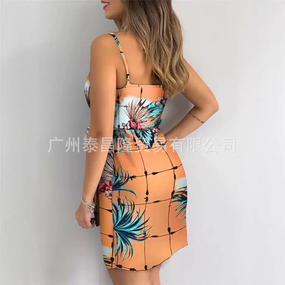Printed V-Neck Hip Skirt Dress with Lace-Up Belt