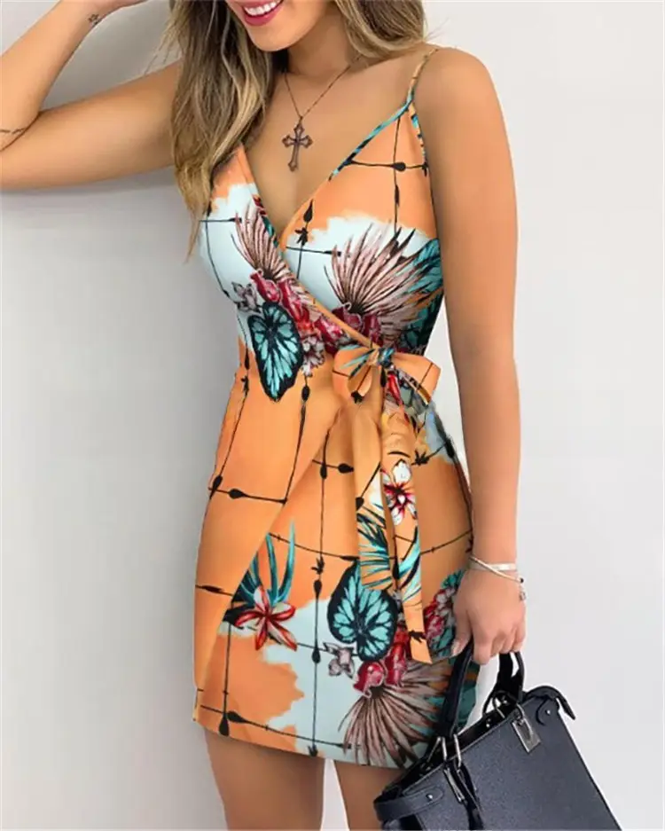 Printed V-Neck Hip Skirt Dress with Lace-Up Belt