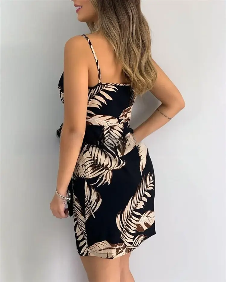 Printed V-Neck Hip Skirt Dress with Lace-Up Belt