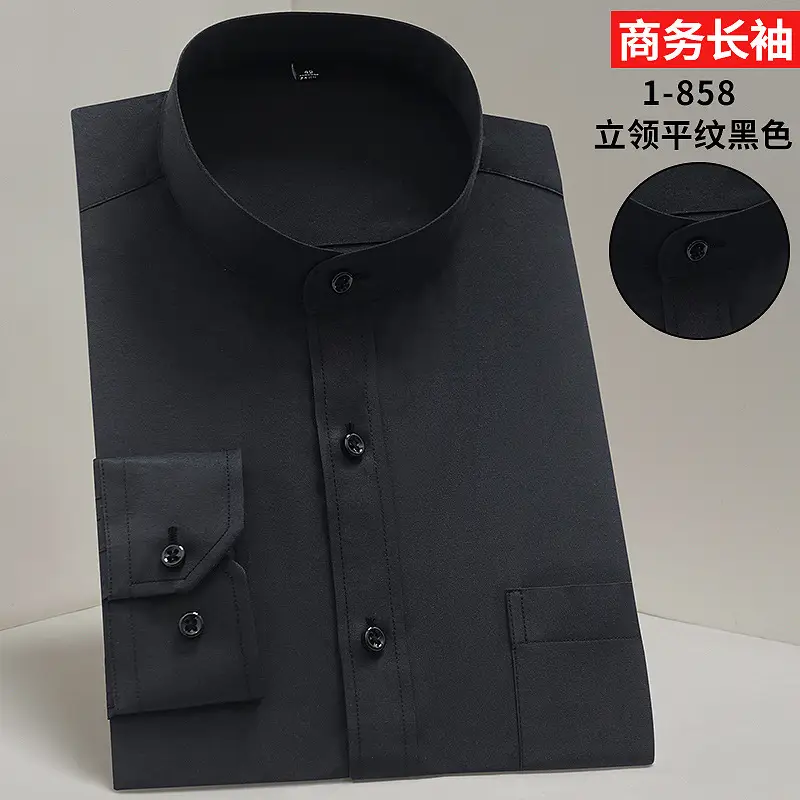 Men's Long Sleeve Black Formal Shirt Zhongshan Style