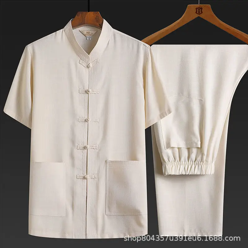 Light Blue Linen Taiji Suit for Men Morning Exercise - Image 2