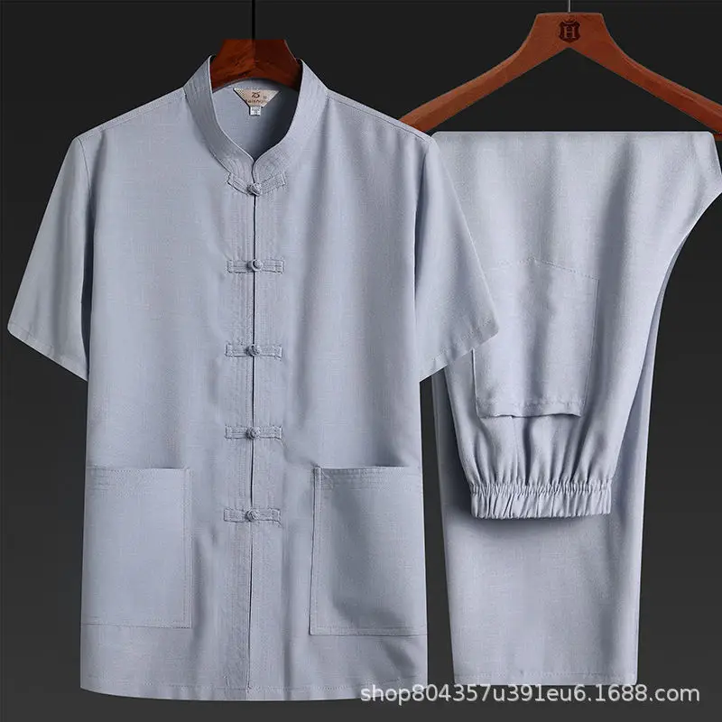 Light Blue Linen Taiji Suit for Men Morning Exercise - Image 3