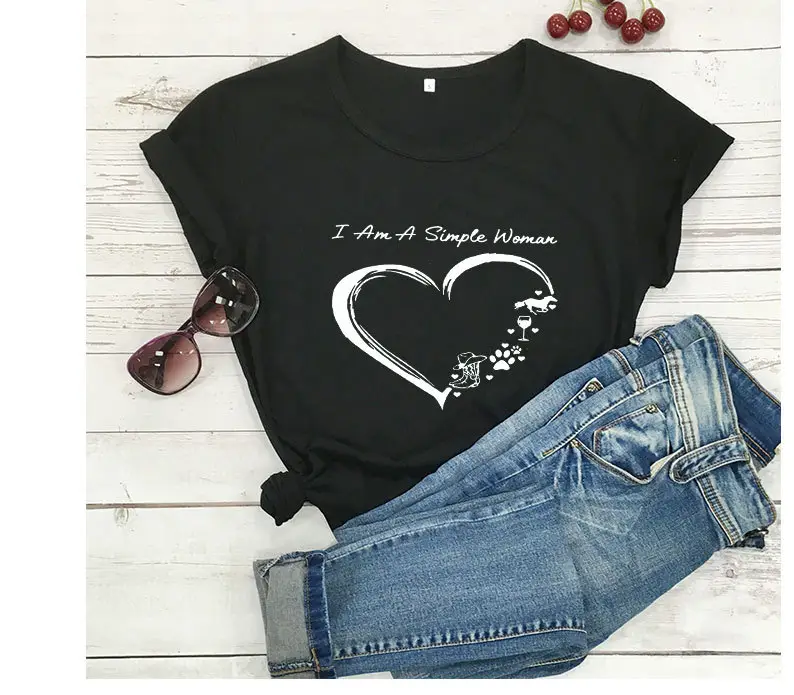 Black Heart Print T-Shirt for Women Short Sleeve