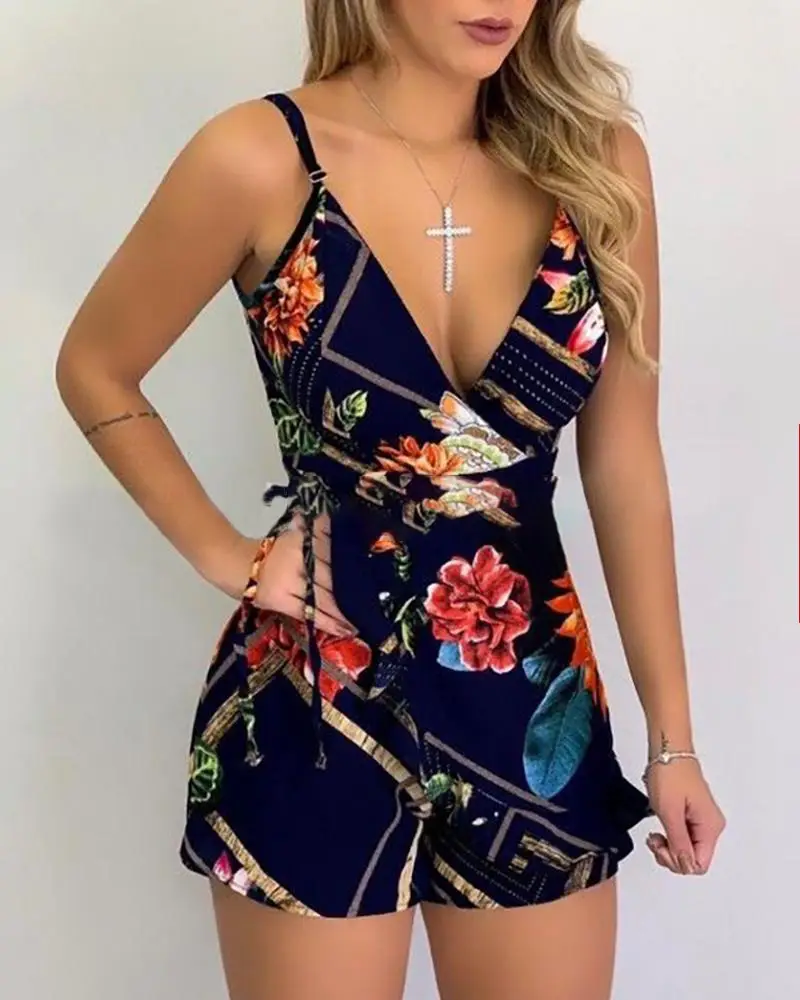 Dark Blue Floral Printed One-Piece Shorts Set - Image 6