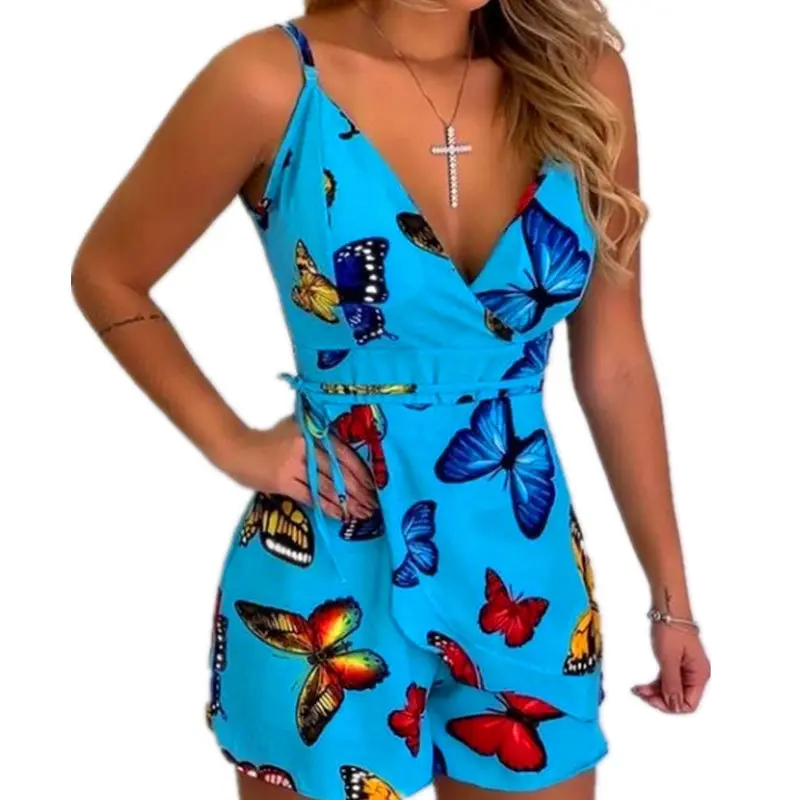 Dark Blue Floral Printed One-Piece Shorts Set - Image 7