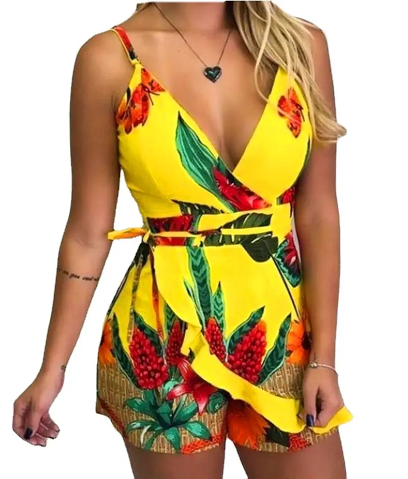 Dark Blue Floral Printed One-Piece Shorts Set - Image 9
