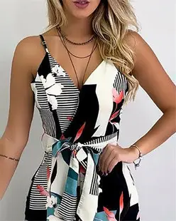 Dark Blue Floral Printed One-Piece Shorts Set — feature 25
