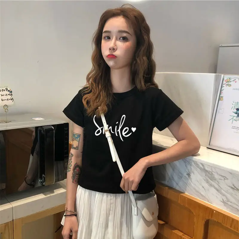 Women Black Graphic Short Sleeve T-Shirt 2025 Summer